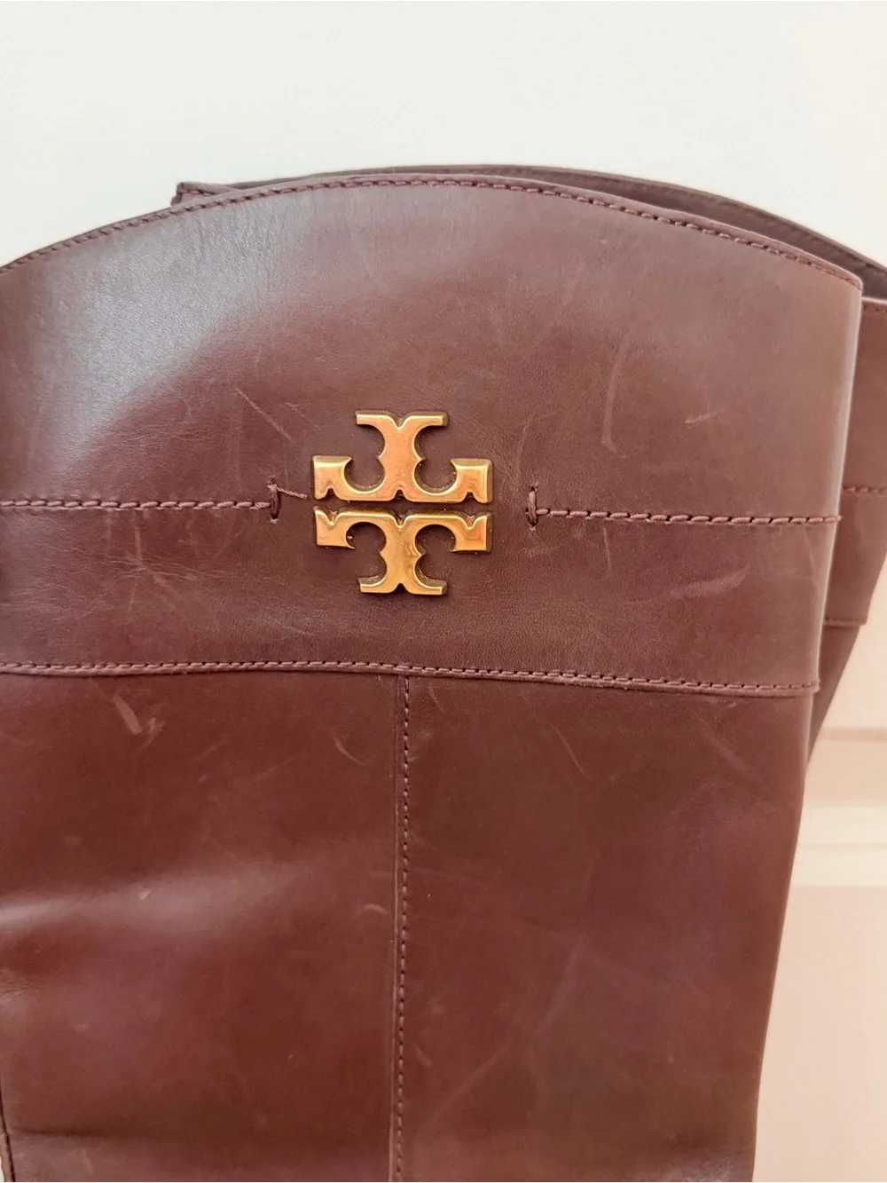 Tory Burch Chestnut Brown Leather Tall Riding Boots with Gold Logo